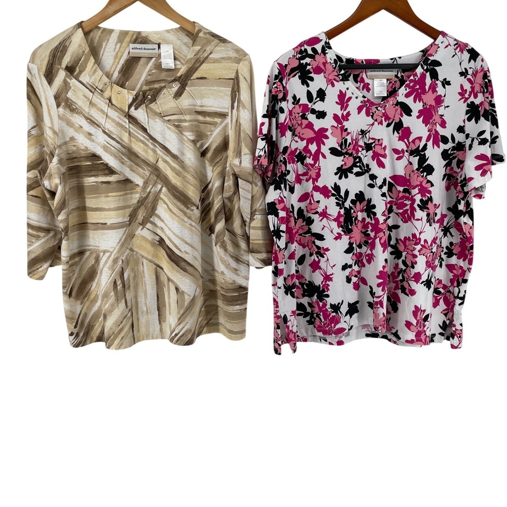 Lot of 2-Alfred Dunner Tops Womens 1X Artsy Cotton Blend Abstract Floral Studded